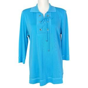 Exclusively Misook Liquid Knit Blue Women’s 3/4 Sleeve Lace Up Sweater Size Med